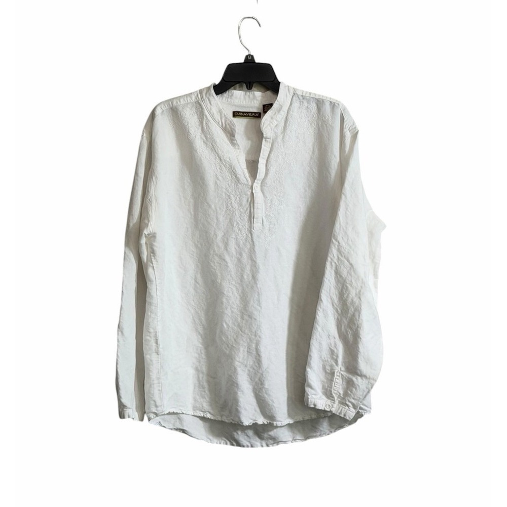 Cubavera Mens 2XL Linen Blend Popover Shirt Cream Embroidered Mandarin Collar
